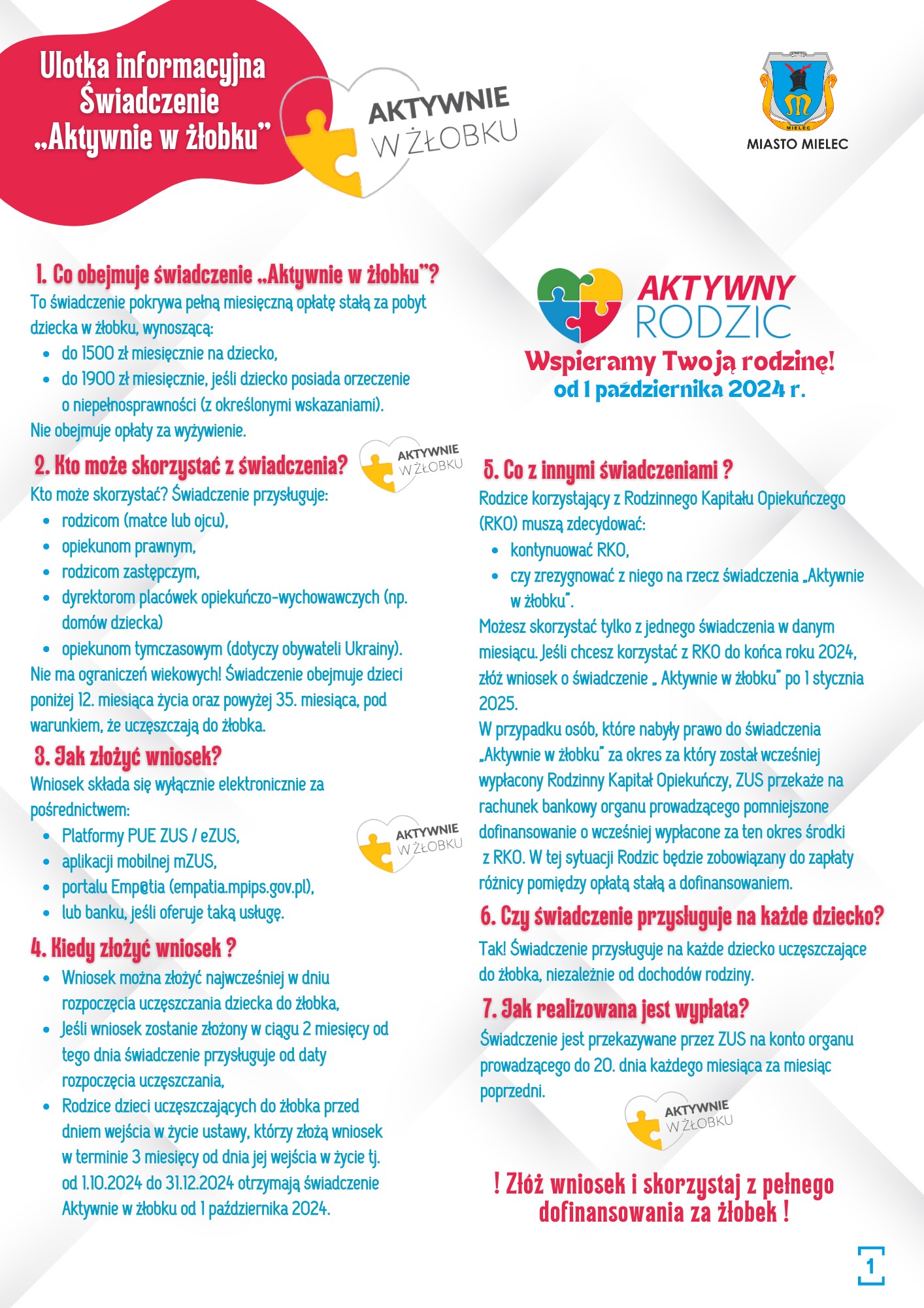 Ulotka informacyjna Świadczenie Aktywnie w żłobku str.1